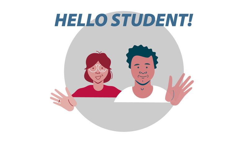 Drawing of two people waving. The text Hello student is written above them.
