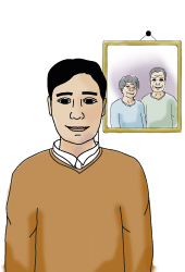 Illustration of a man. Next to him hangs a picture of an older couple.