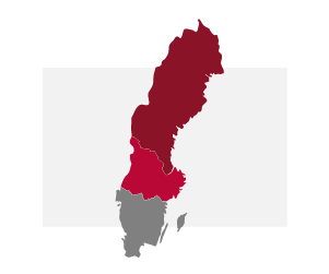 Karta: Sveriges regioner Norrland, Svealand och Götaland.