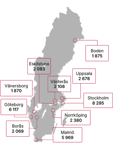 Karta över tio kommuner i Sverige som tog emot flest asylsökande, med siffror som visar antalet. Se tillhörande dokument för detaljerade uppgifter.