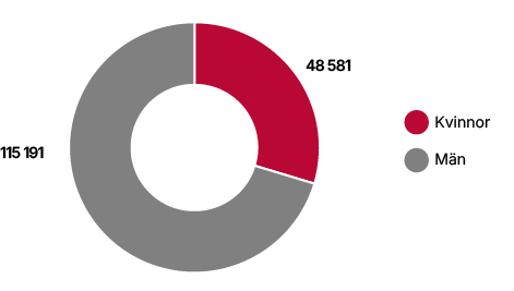 Cirkeldiagram som visar antalet asylsökande bland män och kvinnor. Män visar flest: 115 191 personer, följt av kvinnor: 48 581 personer.