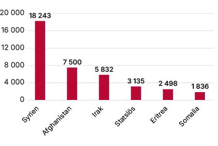 Stapeldiagram som visar antalet kvinnor, fördelade efter medborgarskap. Från Syrien kom flest: 18 243 personer, följt av Afghanistan: 7 500 personer, Irak: 5 832 personer, statslösa: 3 135 personer, Eritrea: 2 498 personer och slutligen Somalia: 1 836 personer.