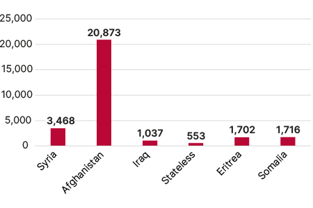 Bar chart showing the number of unaccompanied children who came to Sweden, broken down by citizenship. Most children came from Afghanistan: 20,873, followed by Syria: 3,468, Somalia: 1,716, Eritrea: 1,702, Iraq: 1,037 and finally stateless persons: 553.