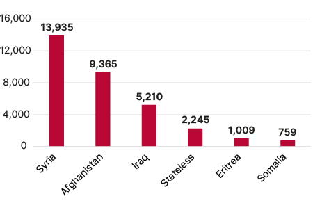 Bar chart showing the number of children who arrived with their families, broken down by citizenship. The largest number came from Syria: 13,935 people, followed by Afghanistan: 9,365 people, Iraq: 5,210 people, stateless persons: 2,245 people, Eritrea: 1,009 and finally Somalia: 759 people.