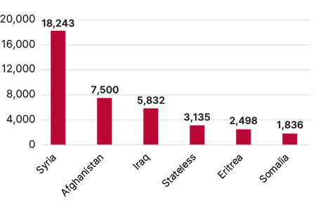 Bar chart showing the number of women, broken down by citizenship. The largest number came from Syria: 18,243 people, followed by Afghanistan: 7,500 people, Iraq: 5,832 people, stateless persons: 3,135 people, Eritrea: 2,498 people and finally Somalia: 1,836 people.