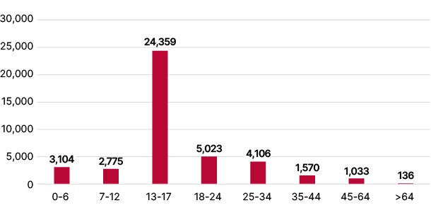 Bar chart showing the number of asylum seekers from Afghanistan, broken down by age. The 13–17 age group is the largest, with 24,359 people, followed by the 18–24 age group with 5,023 people, 25–34 years with 4,106 persons, 0–6 years with 3,104 persons, 7–12 years with 2,775 persons, 35–44 years with 1,570 persons, 45–64 years with 1,033 persons and finally 64 years and older with 136 persons.