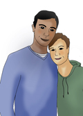 Illustration of a man and a woman holding each other.
