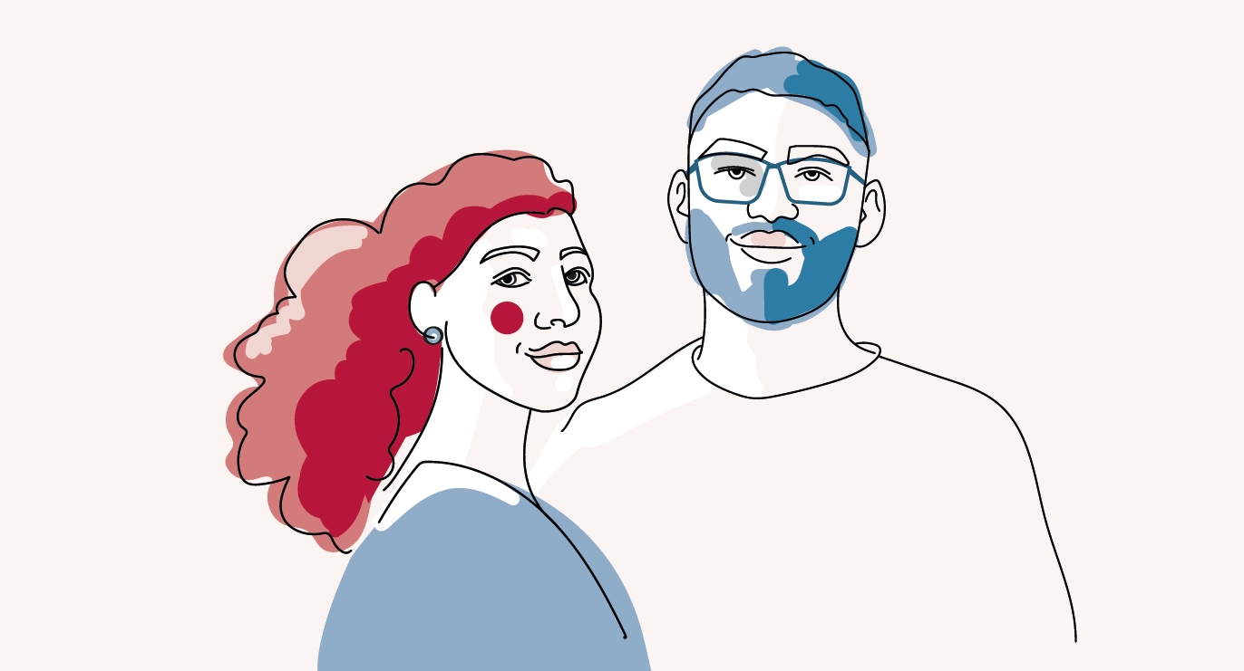 Illustration of a woman with long hair and a man wearing glasses. 