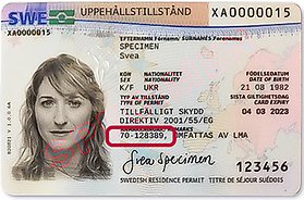 Example of a residence permit card with a photo and information about a person