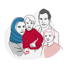 Illustration of a family. The family consists of a woman, a man and two boys.