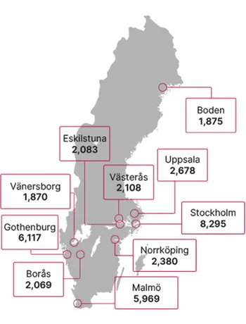Map of ten municipalities in Sweden that received the most asylum seekers, with figures showing the number. See accompanying document for detailed information.