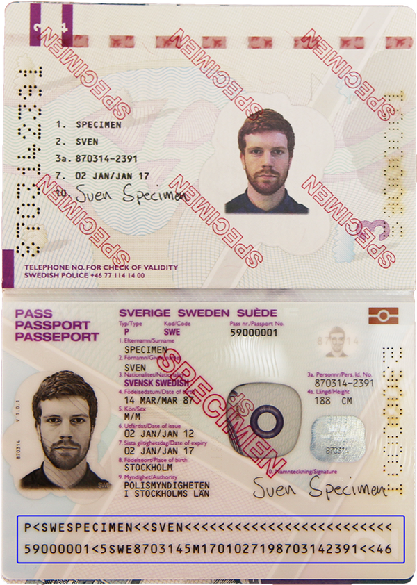Bild på ett uppfällt pass