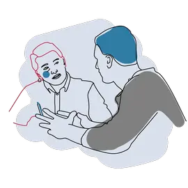 Illustration på en skyddssökande som sitter i samtal med en handläggare.