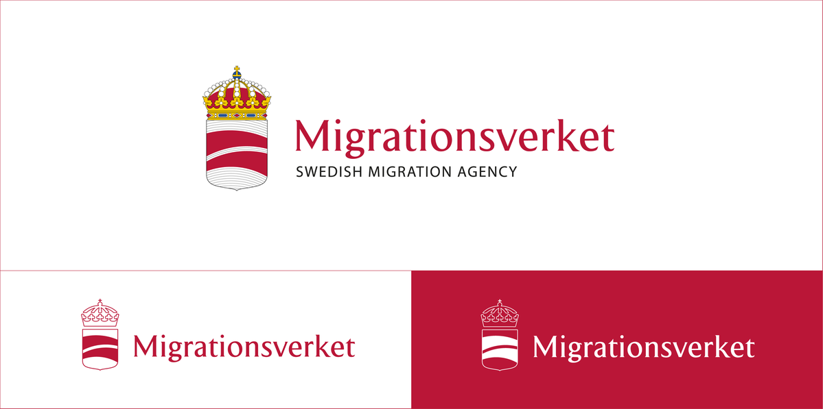 Migrationsverkets logotyp i tre olika utföranden. En detaljerad flerfärgad samt en röd monokrom och en vit monokrom.