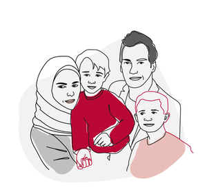 Illustration av två vuxna och två barn.