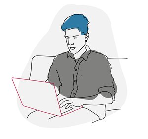 Illustration of a person sitting at a laptop.
