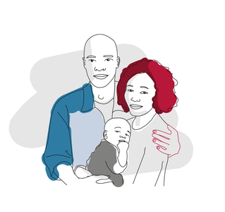 Illustration av två vuxna som håller ett spädbarn tillsammans.