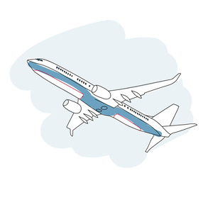 Illustration som visar ett flygplan som flyger genom moln, sett snett ovanifrån.