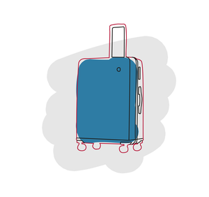 Illustration showing a blue suitcase with wheels and an extended handle.