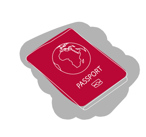 Illustration showing red passport with a globe on the cover.