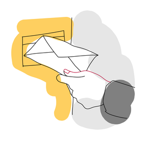 Illustration showing a hand putting an envelope into a letterbox.
